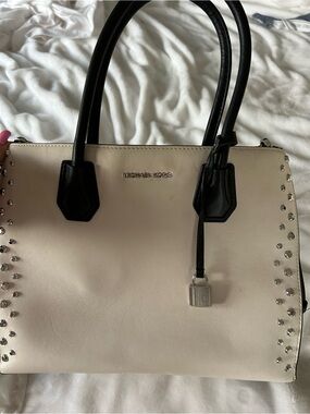 Michael Kors Cream Satchel with Black Handles and Silver Studs
